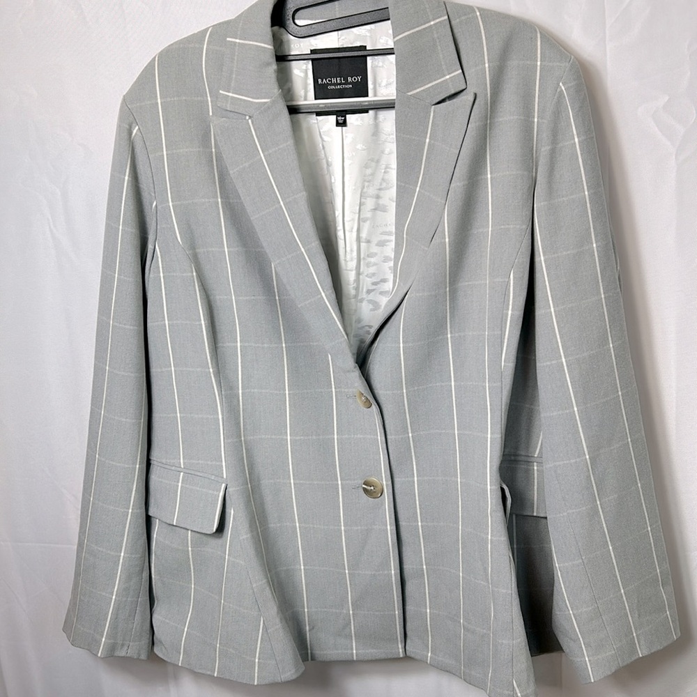 Rachel Roy Collection Gray Cream Striped Blazer Size 16W New Pockets